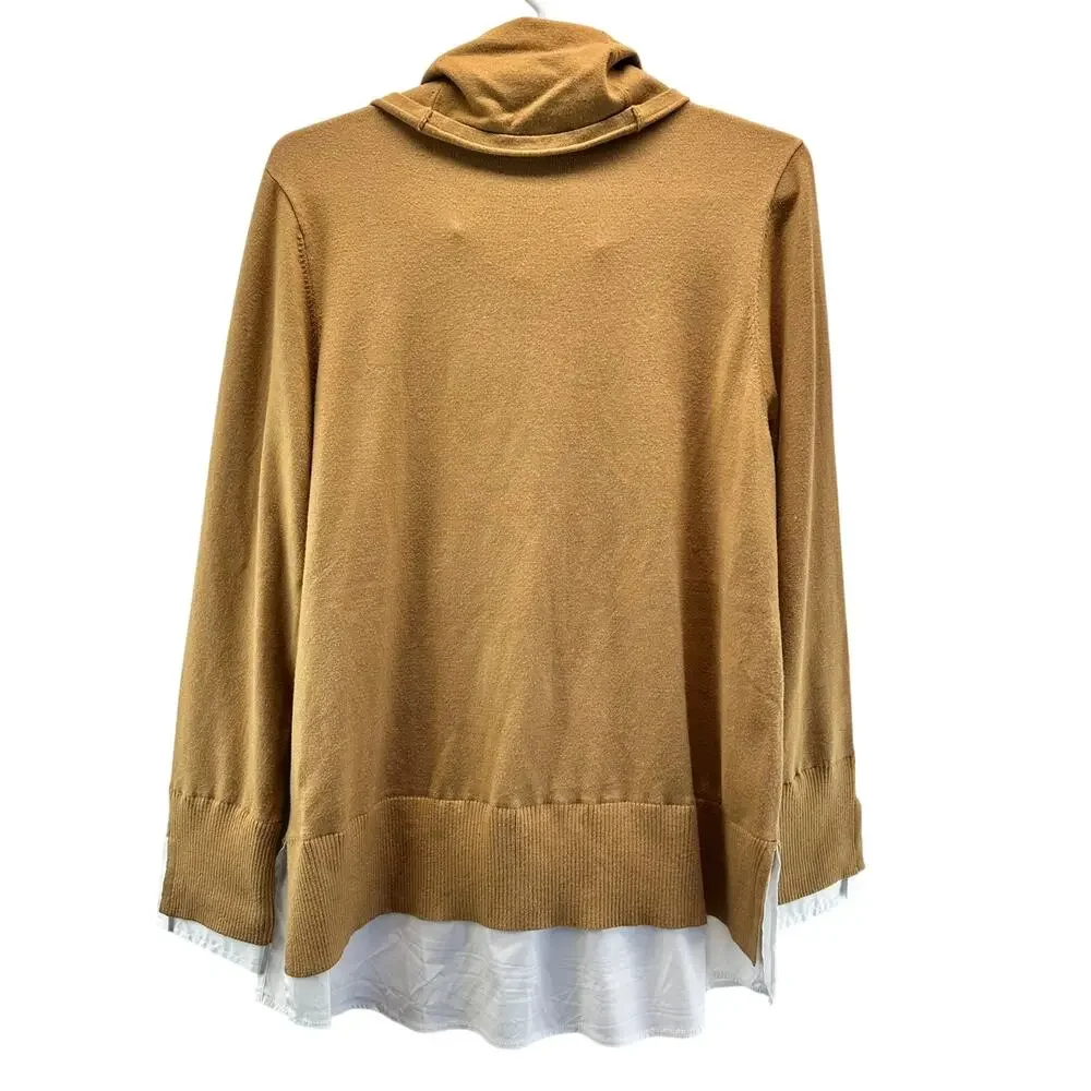 Chico's Turtleneck Sweater Over Blouse Tan White 2 Large Contemporary Lagenlook